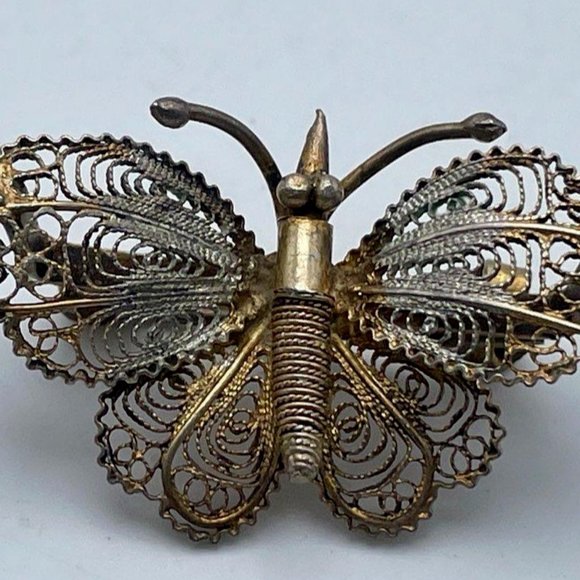 Vintage Antique 800 Sterling Silver Gold-Tone Filigree Butterfly Brooch Pin - Picture 2 of 6